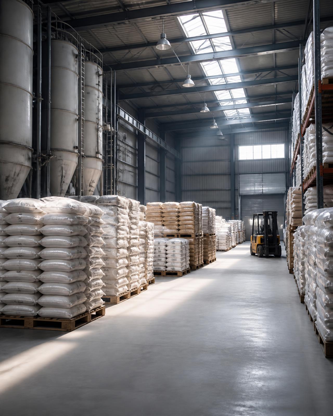 Industrial warehouse with stacked bags of bulk raw material