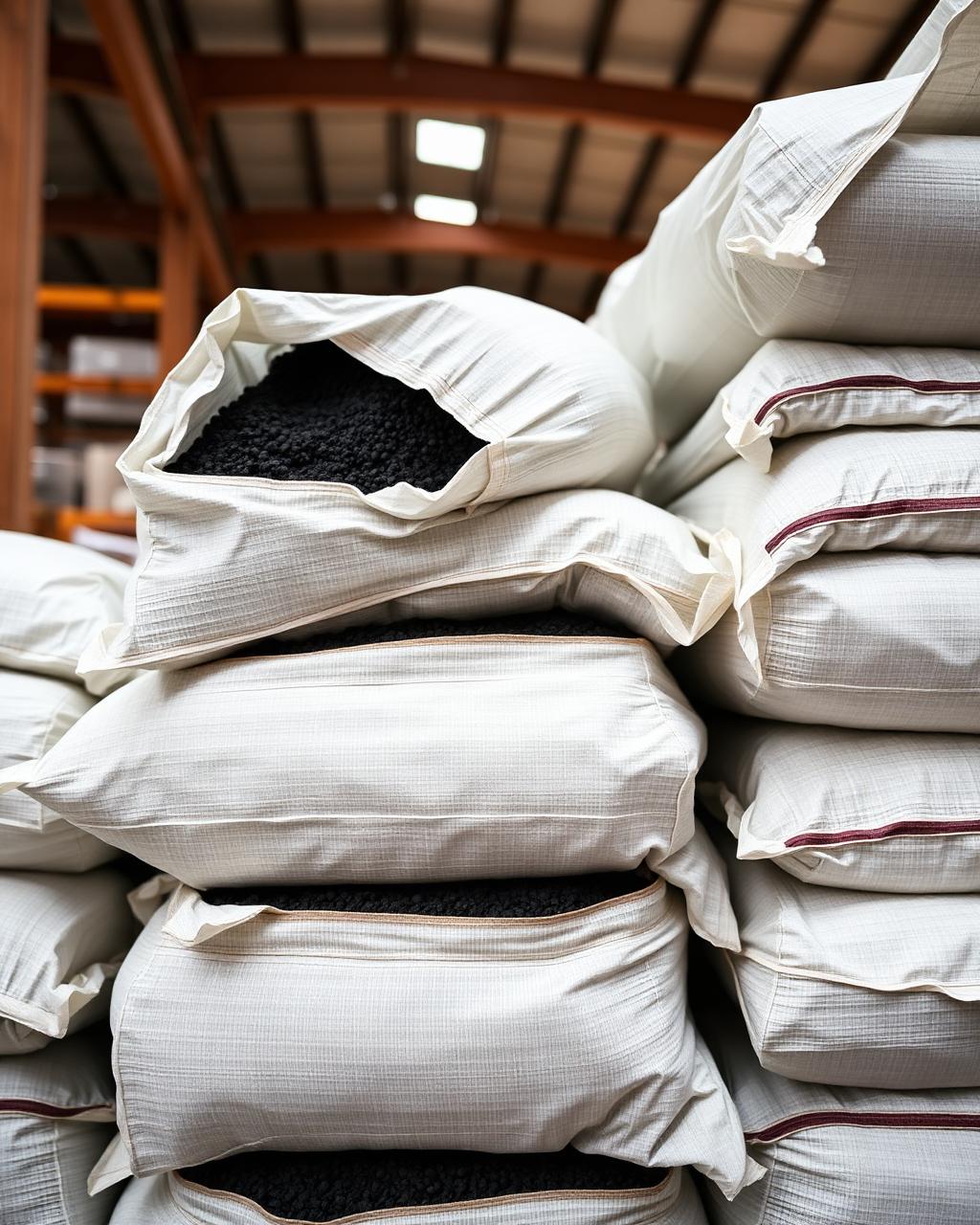 Woven bags filled with black carbon material stacked in a warehouse