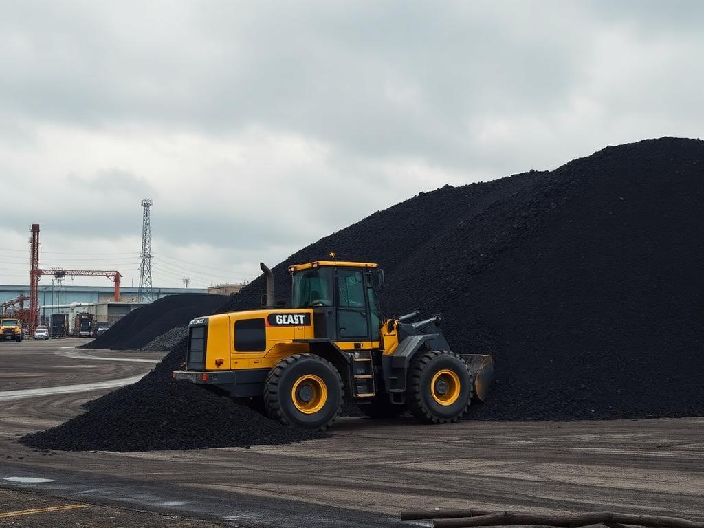 Wheel loader moving a dark coke stockpile in a storage yard