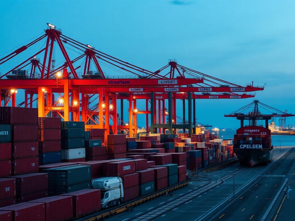 Container cranes and stacked containers at a sea port terminal