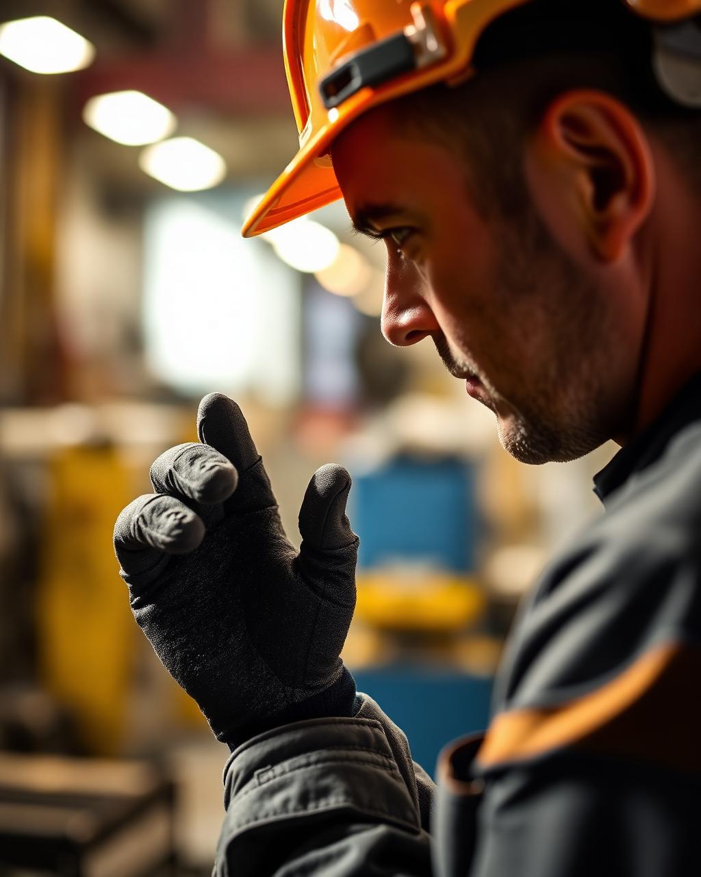 Worker in a hard hat inspecting a sample of carbon material