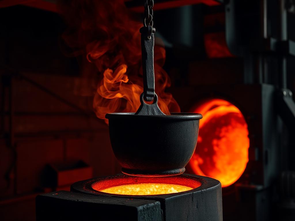 Ladle of molten metal beside a glowing furnace in a foundry
