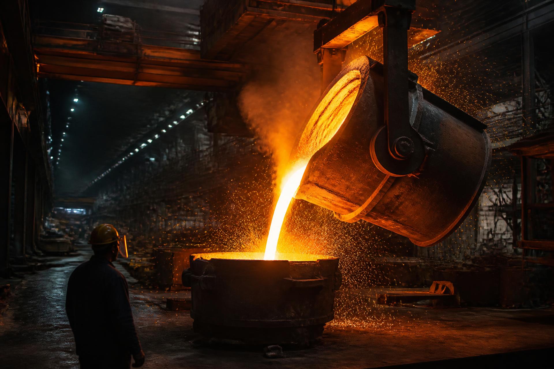 Molten metal being poured from a ladle inside a foundry