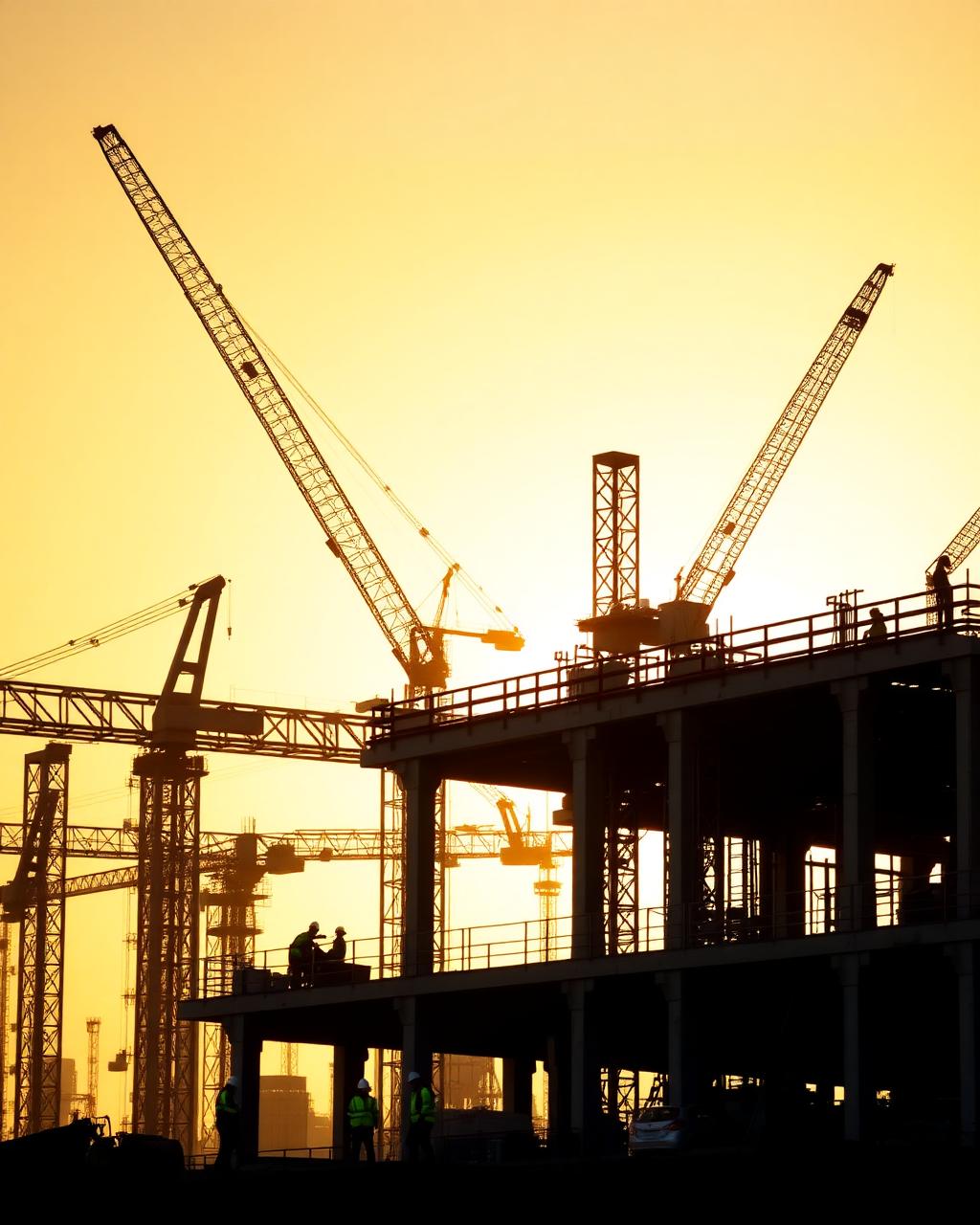 Industrial construction site with cranes at sunset