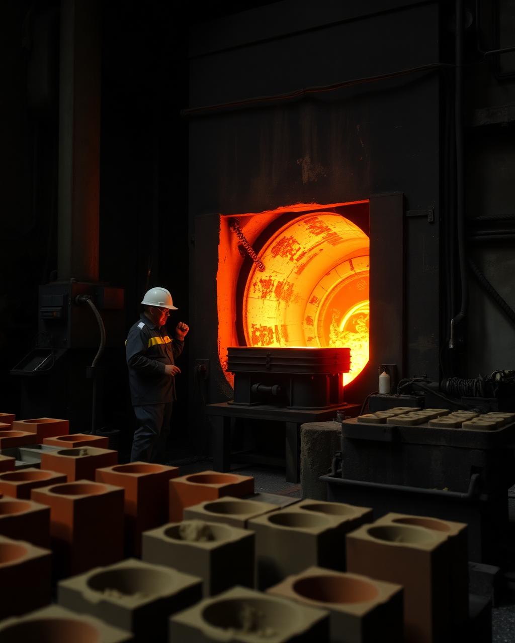 Foundry worker beside a glowing furnace