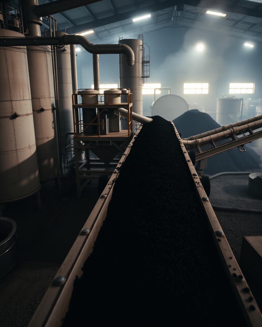 Conveyor carrying dark carbon material in a processing plant