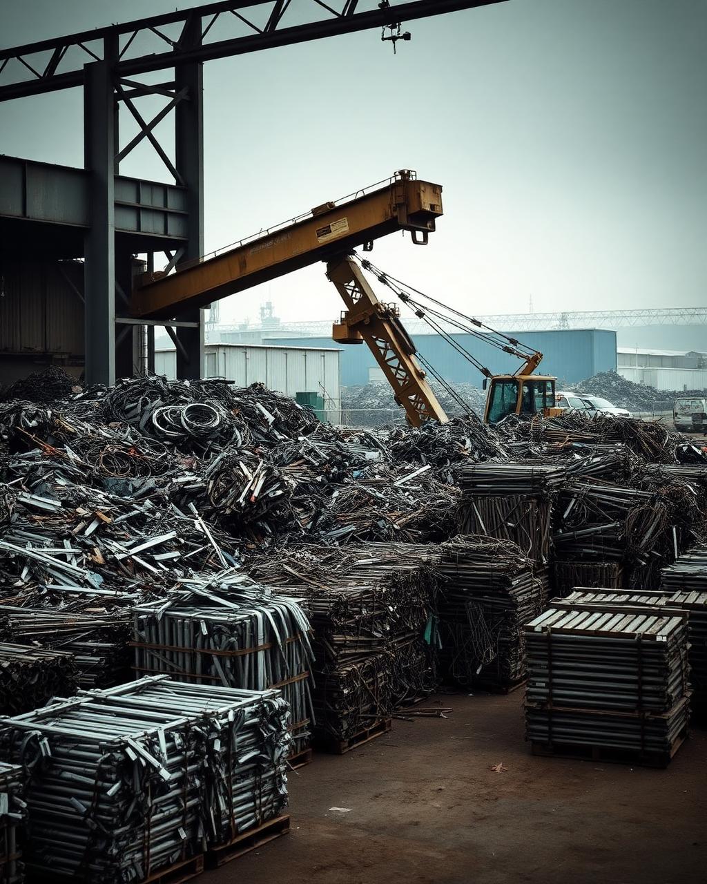 Metal recycling yard with baled scrap and a grab crane