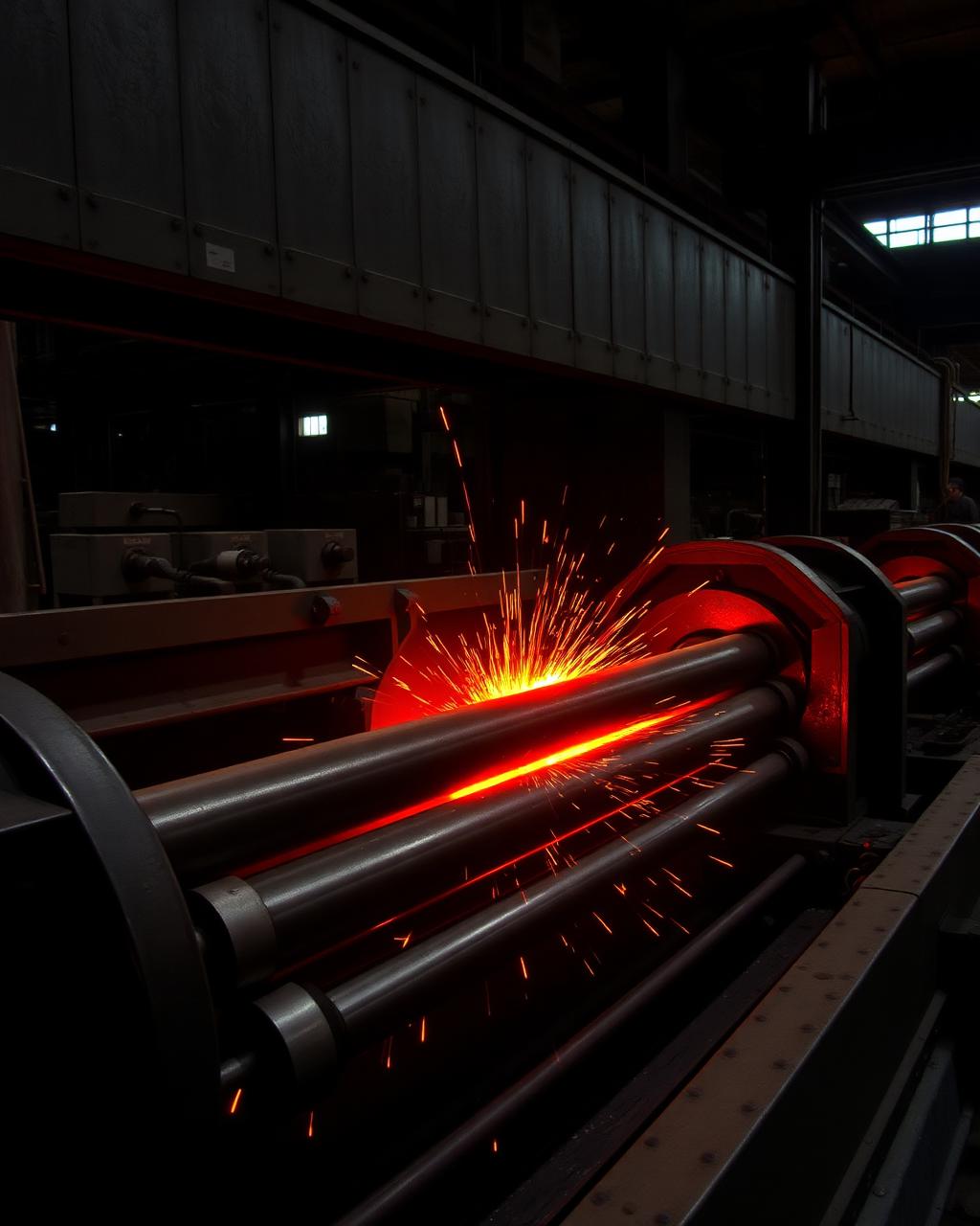 Red-hot steel billet passing through rolling machinery